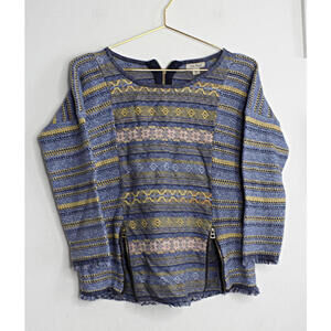 Lucky Brand Blue Yellow Boho Woven Knit Long Sleeve Top - XS